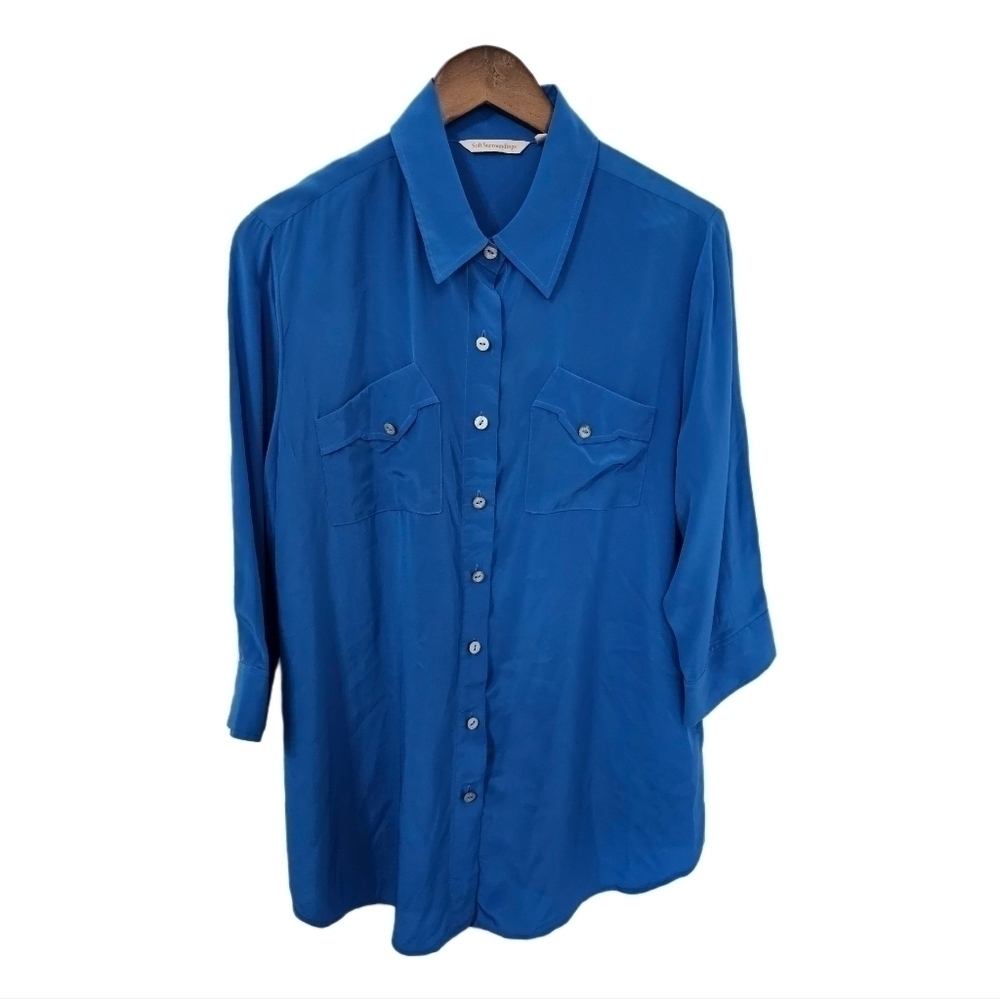 Soft Surroundings silk blue button down women's shirt size Petite…